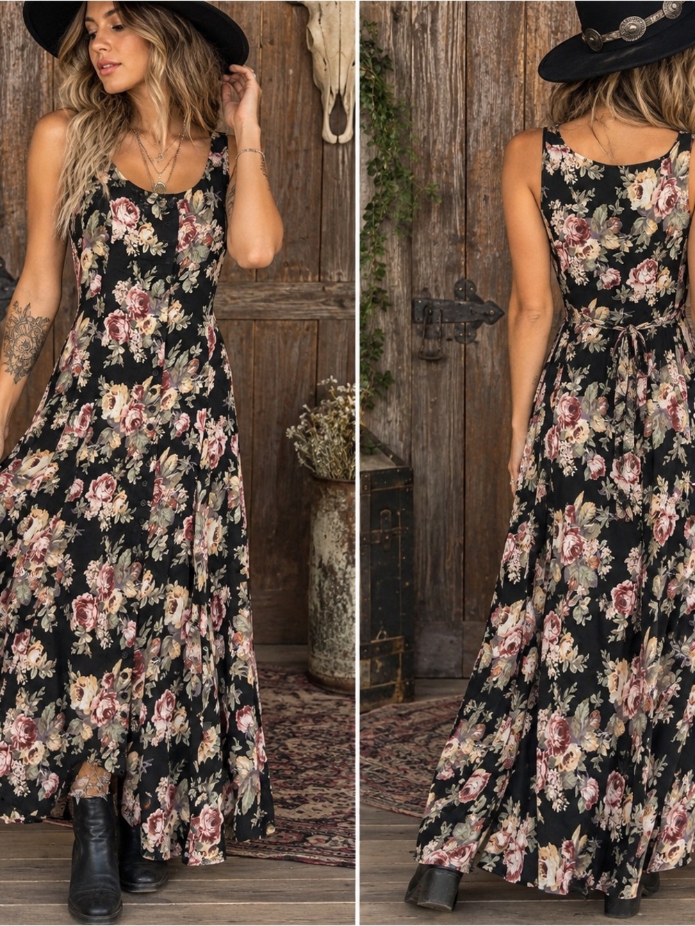 Vintage At Last & Co. Black Floral Fairy Maxi Dress Medium Button Front Cottagec